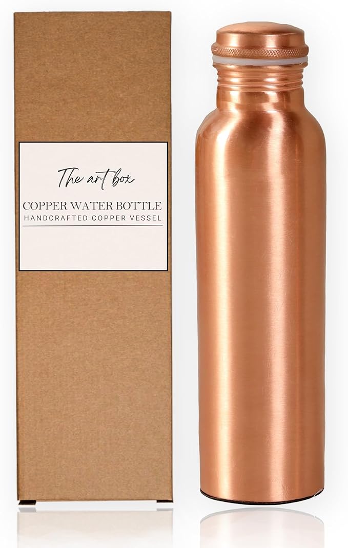 THE ART BOX Copper Water Bottle 32 Oz / 950 ml Large with Anti Slip Bottom Leak Proof Lid Ayurvedic Pure Copper Vessel for Drinking, Travel, Sports, Fitness and Yoga