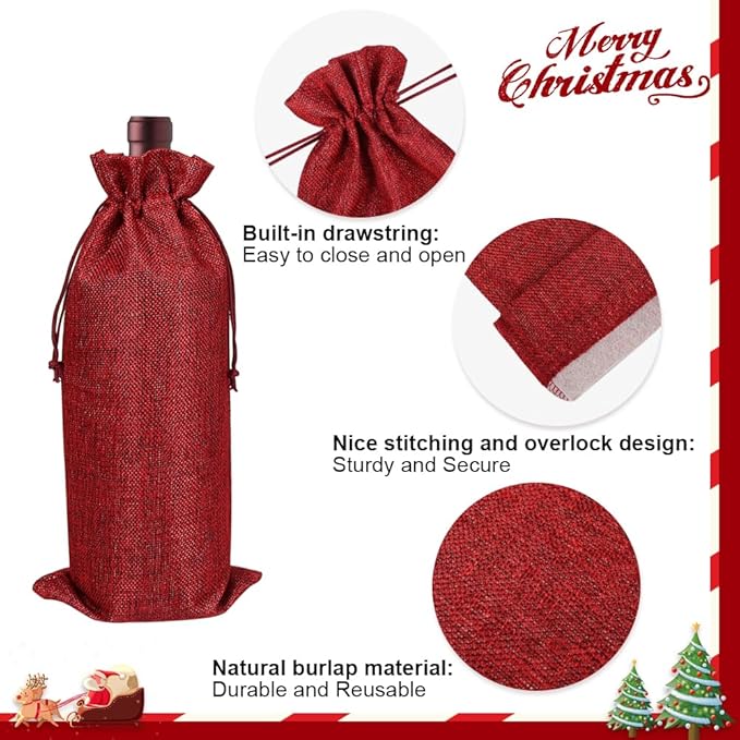 Shintop 10pcs Jute Wine Bags, 14.4 x 5.6 inches Hessian Wine Bottle Gift Bags with Drawstring （5 colors）