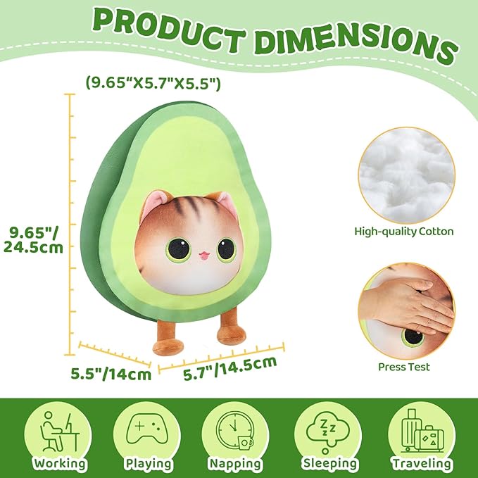 Stuffed Animal Plushie Toy, Cute Cat Plush Stuffed Pillow, Avocado Stuffy Toy Plush Pillow Birthday Toy for Kids & Adults