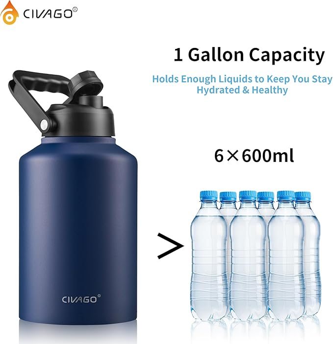 CIVAGO Gallon Insulated Water Bottle Jug with Straw, 128 oz Large Stainless Steel Sports Metal Water Canteen with Handle, Big Thermal Water Cup Mug with 2 Lids for Camping & Fishing, Black
