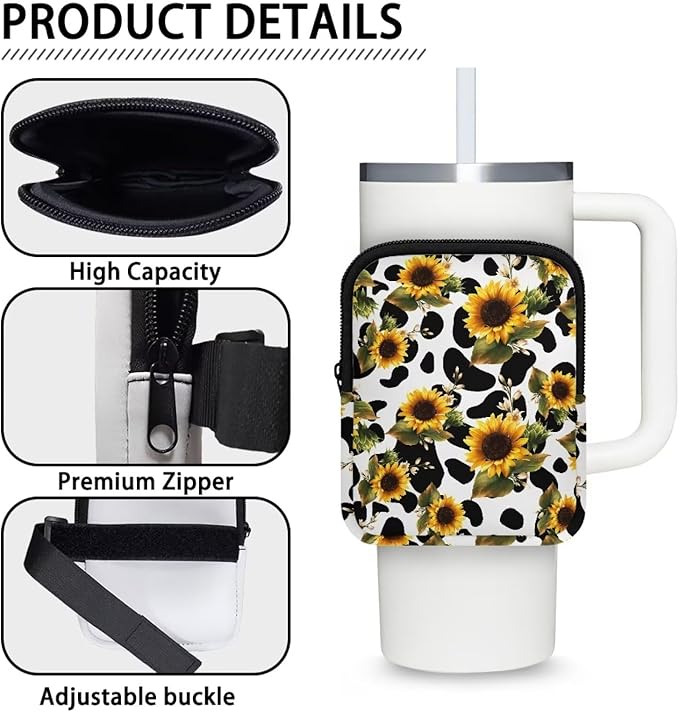 Cow Sunflower Stanley Cup Pouch with Adjustable Strap Water Bottle Storage Bag 20oz-40oz IceFlow Tumbler Pouch for Stanley Accessories