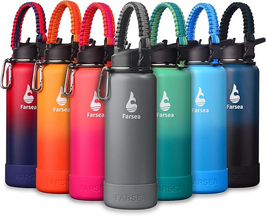 Farsea Insulated Water Bottle With Paracord Handle, Protective Silicone Boot and 2 Lids (Straw Lid & Spout Lid), Stainless Steel Water Bottle Wide Mouth, Double Wall Sweat-Proof BPA-Free,40 oz