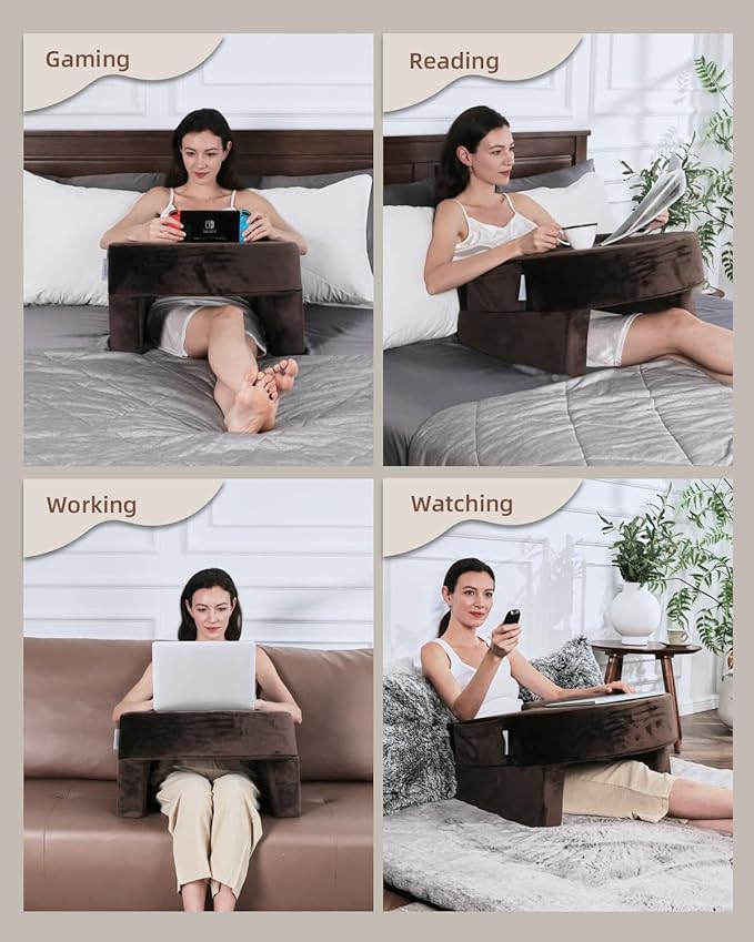 Weighted Idea Reading Pillow for Gaming, Extra Large Arm Rest Pillow for Adult，Lap Desk Pillow Gaming Pillow with 2 Side Pockets for Gaming, Reading, Working Sitting in Bed Floor Sofa (Brown)