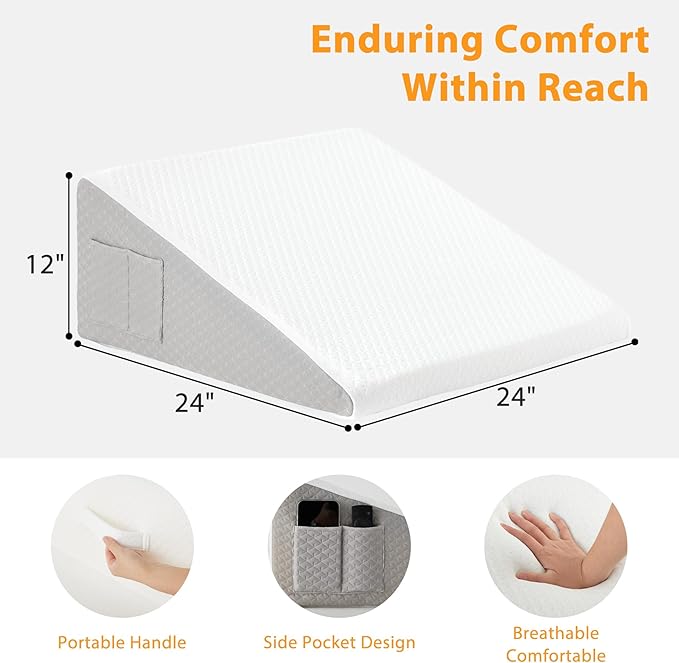 Bed Wedge Pillow for Sleeping, 12" Wedge Pillows for After Surgery, Soft Memory Foam Top, Triangle Pillow Wedge, Body Positioners for Leg Elevation, Acid Reflux, Gerd, Snoring Relief, White