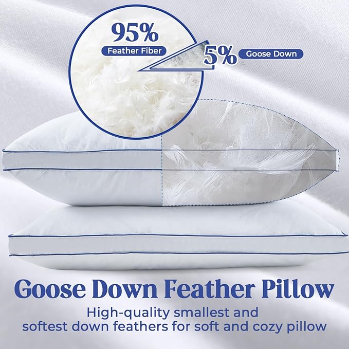 puredown Feather Down Pillows Set of 2, Luxury Goose Feather Pillow for Sleeping, Organic Cotton Cover Hotel Collection Bed Pillows (Standard)