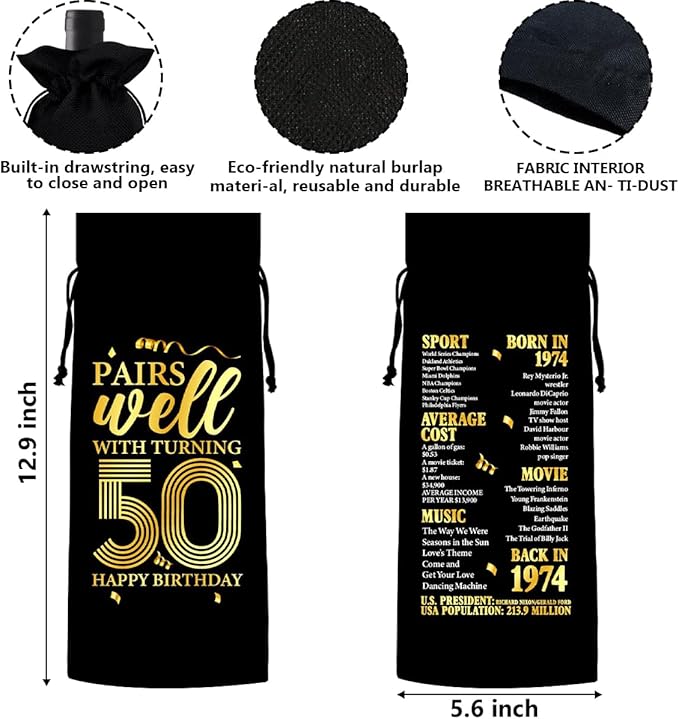 50th Birthday Gifts Wine Bag Congratulations Gifts for Women Men Parents Mom Dad Anniversary 1974 Birthday Wine Gift Bag