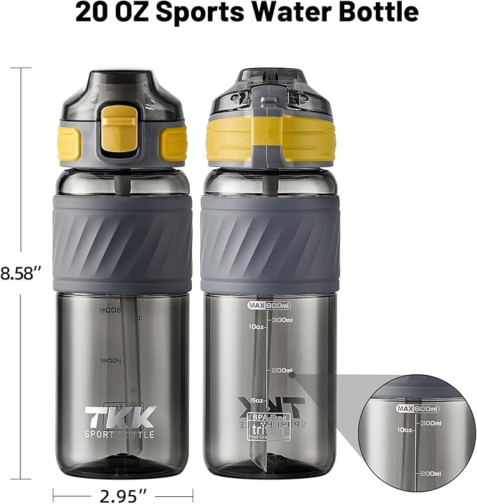 TKK 20oz Sports Water Bottles with Removable Straw Durable BPA Free Tritan Bottles Leak-Proof Water Bottles for School, Fitness, Gym, Outdoor, Grey