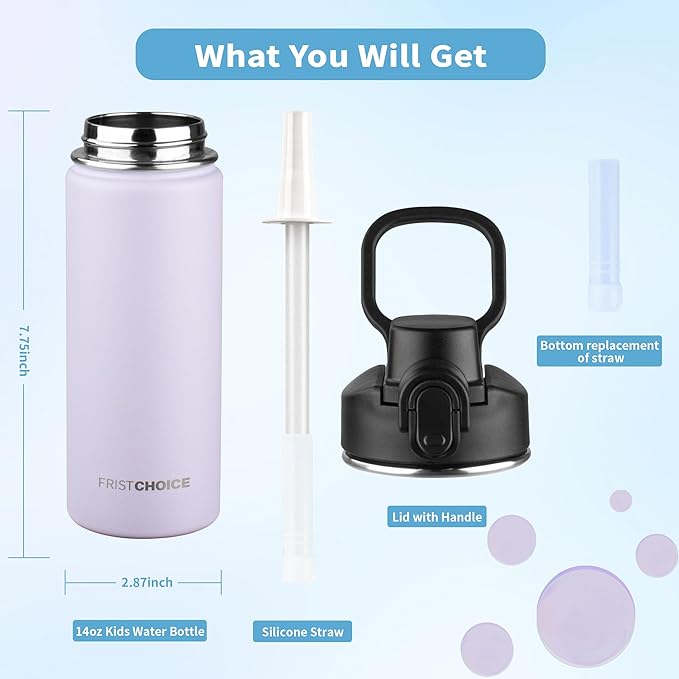 Insulated water bottle with Straw,18oz Stainless Steel Water Bottle for Adult Kids,Double Wall Vacuum Wide Mouth Insulated Water Bottle for School,BPA-free and Leak-proof（18oz,Lavender）