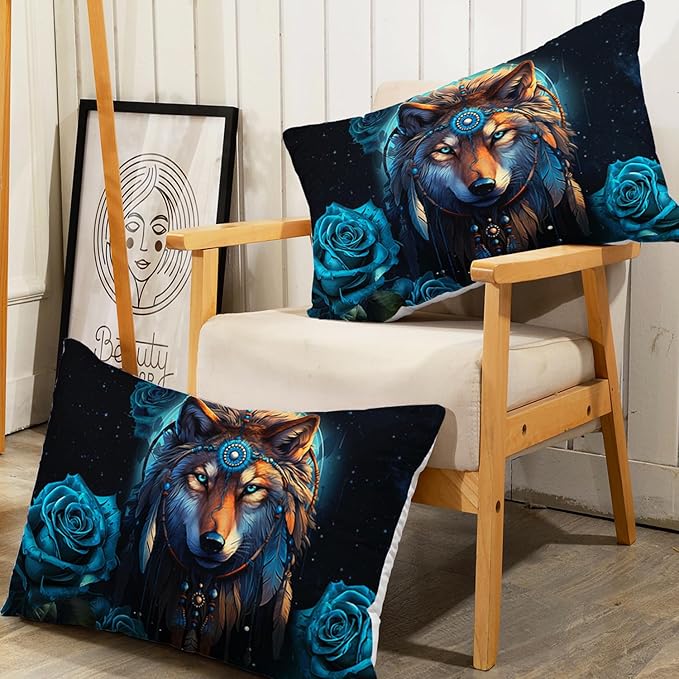 AILONEN Wolf Fitted Sheet Set Twin XL Size Dream Catcher Bed Sheet Set, Blue Rose Smoke Wolf Sheet Set for Boys Girls,Animal Wolf Fitted Sheet with 2 Pillowcases,3 Pieces