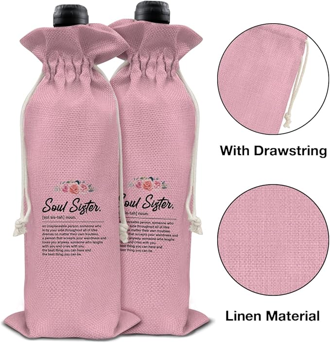 HOIJAUMAI Soul Sister Gift Friendship Gifts for Women Best Friends Soul Sister Bestie, Soul Sister Wine Bag Soul Sister Definition Wine Gift Bags for Birthday (Pink)