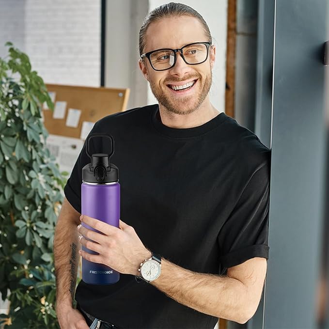 Insulated water bottle with Straw,24oz Stainless Steel Water Bottle for Adult Kids,Double Wall Vacuum Wide Mouth Insulated Water Bottle for Sports,BPA-free（24oz,Purple Navy blue）