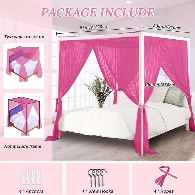 South to East Canopy Bed Curtains, 4 Corner Post Queen Bed Canopy for Girls, Wine Red Bed Drapes for Bedroom, King Canopy Bed Curtain, 100% Ripstop Polyester, Easy Installation, King/Queen Size Rose