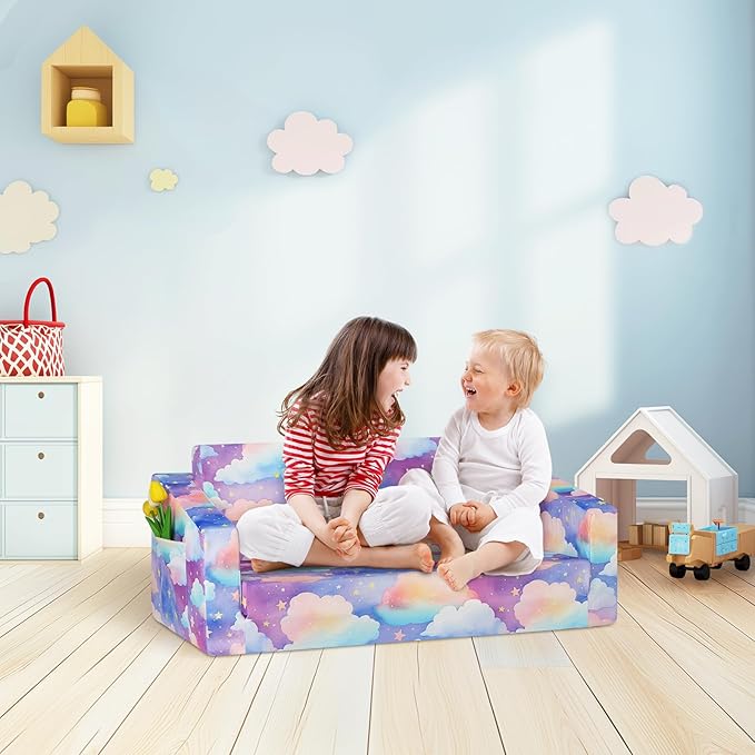 Foldable Kids Sofa Couch 2 in 1 Children Convertible Sofa to Lounger Flip Open Toddlers Sofa Bed,Extra Wide Soft Lightweight for Bedroom Livingroom Playroom