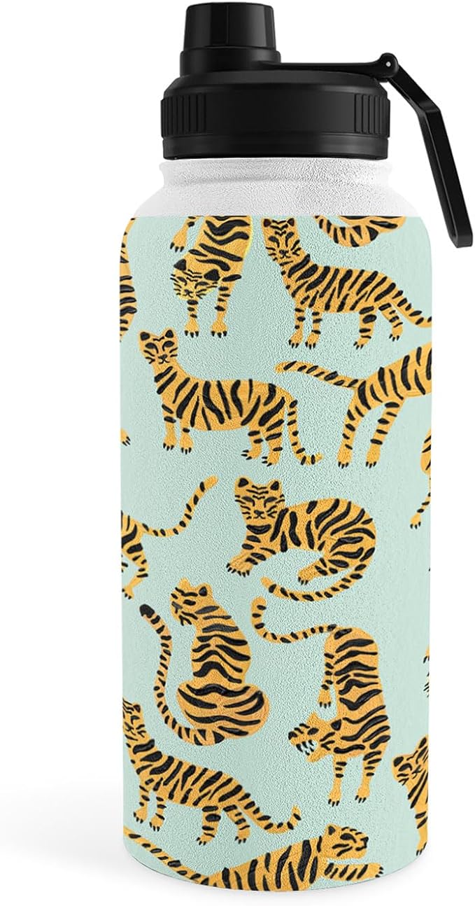 Deny Designs Water Bottle, Sport Lid 32 oz, Cat Coquillette Tiger Collection Mint Orange