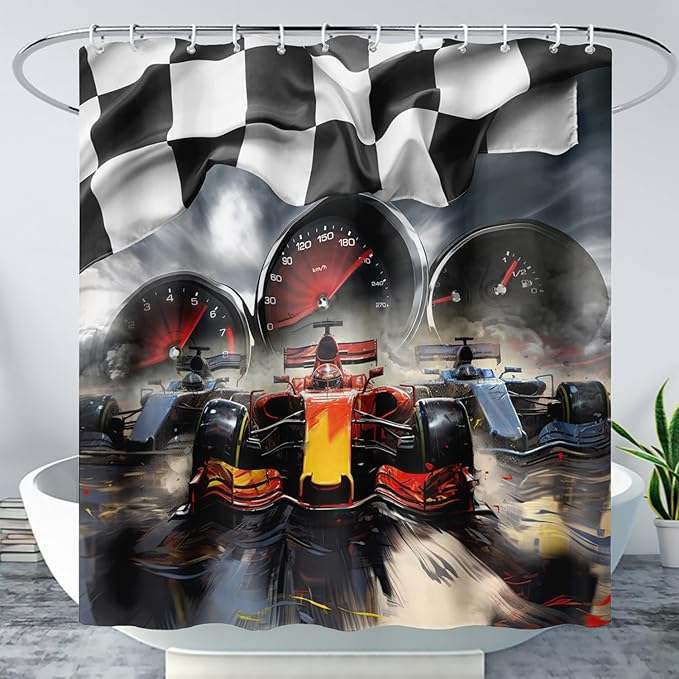 AILONEN Racing Car Shower Curtains,Checkered Speed Car Bath Curtains Gifts for Racer,Polyester Waterproof for Bathroom with 12 Plastic Hooks 72" W*84" H