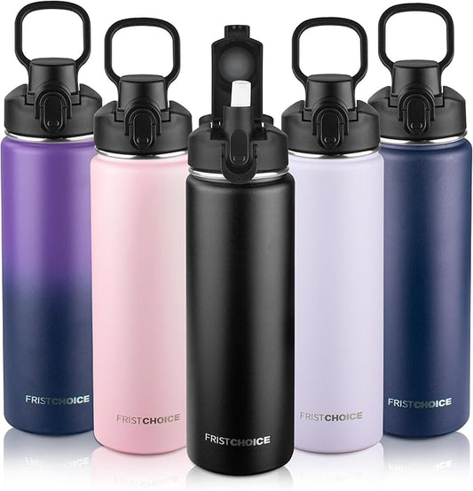 Insulated water bottle with Straw,24oz Stainless Steel Water Bottle for Adult Kids,Double Wall Vacuum Wide Mouth Insulated Water Bottle for Sports,BPA-free and Leak-proof（24oz,Black）
