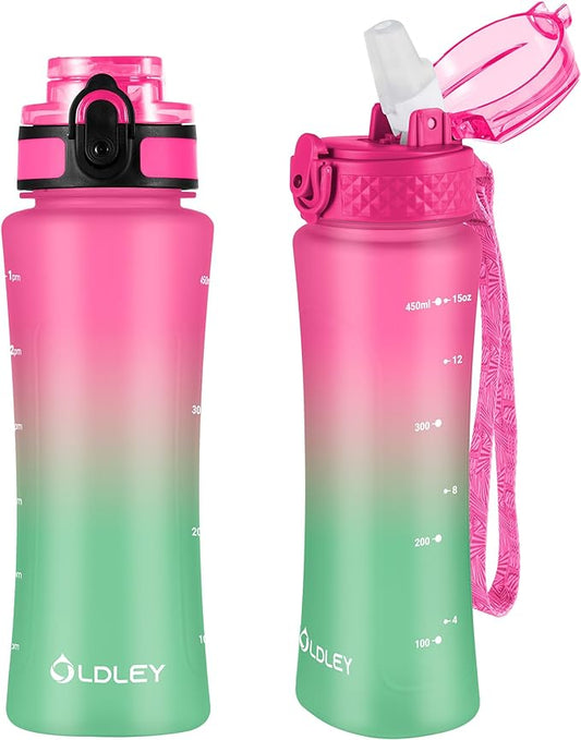 OLDLEY Kids Water Bottle for School with Straw Chug Lid, 15 oz Unbreakable Leak-Proof BPA-Free Motivational Water Bottles with Time Marker for Travel Sports Gym, 2 Lids,Rose-Red Green