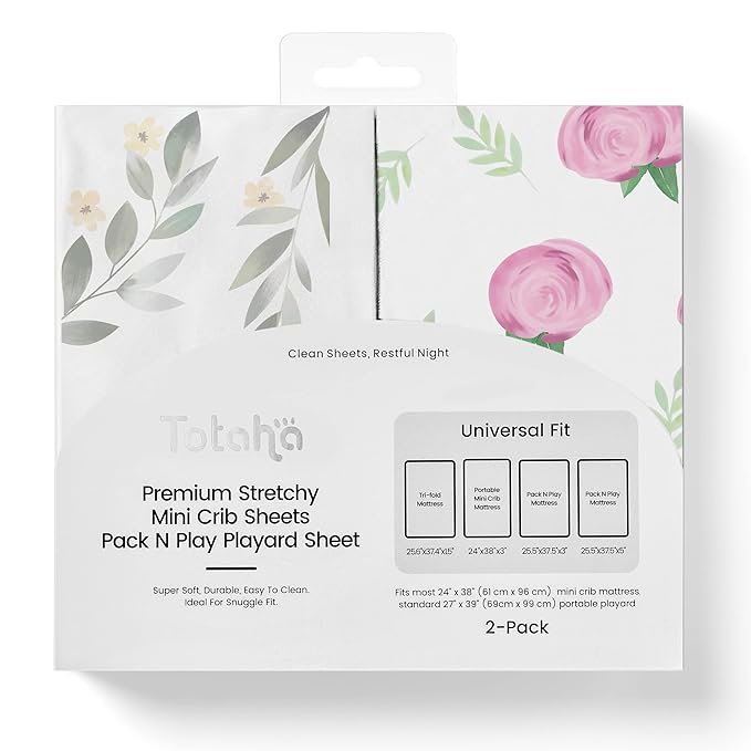 TotAha Premium Stretchy Pack N Play Playard Sheets | Mini Crib Sheets (2-Pack) -Hypoallergenic, Silky Comfort, Buttery Soft, Calming Effect, All-Season Jersey-Knit (Pink Buds & Green Leaves)