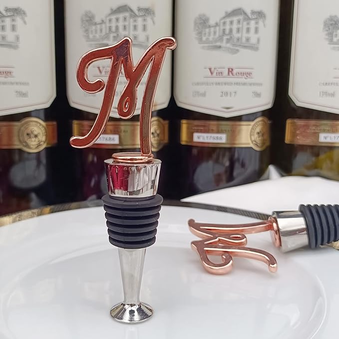 Monogram Wine and Beverage Bottle Stopper, Initial letter wine stoppers Decorative, Creative Wine Gift for Kitchen Bar Wedding Rose Gold Finish,Reusable, letter M