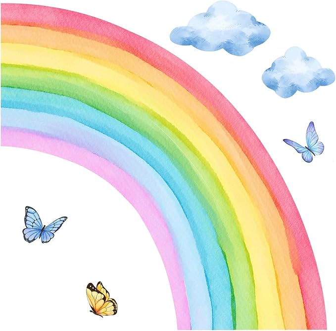 Removable 3D Large Colorful Boho Half Rainbow Wall Sticker Peel and Stick Self-Adhesive Colorful Pastel Rainbow with Cloud and Butterfly Wall Decals Wallpaper for Kids Girls Bedroom Nursery
