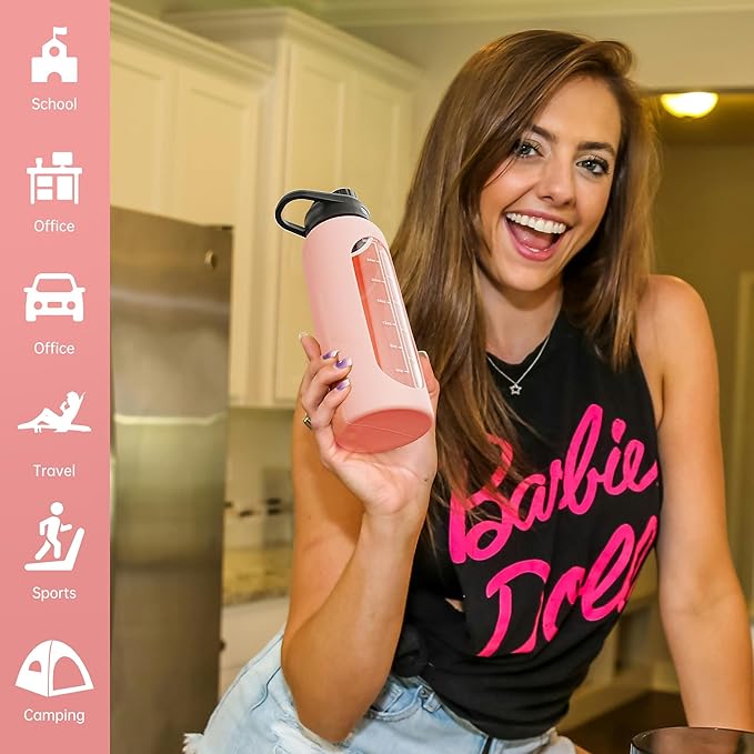 SIEROZUR 32 oz Glass Water Bottle with Straw and Handle Large Sports Motivational Water Bottle with Time Marker and 2 Lids, Leakproof Reusable Water Jug with Silicone Sleeve for Gym