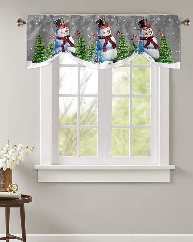 Christmas Snowman Blackout Tie Up Valance Curtains for Kitchen Windows Winter Holidays Cardinal White Snowflake Window Toppers Balloon Shades for Living Room/Bathroom/Bedroom,1 Panel,42" X 12" Gray