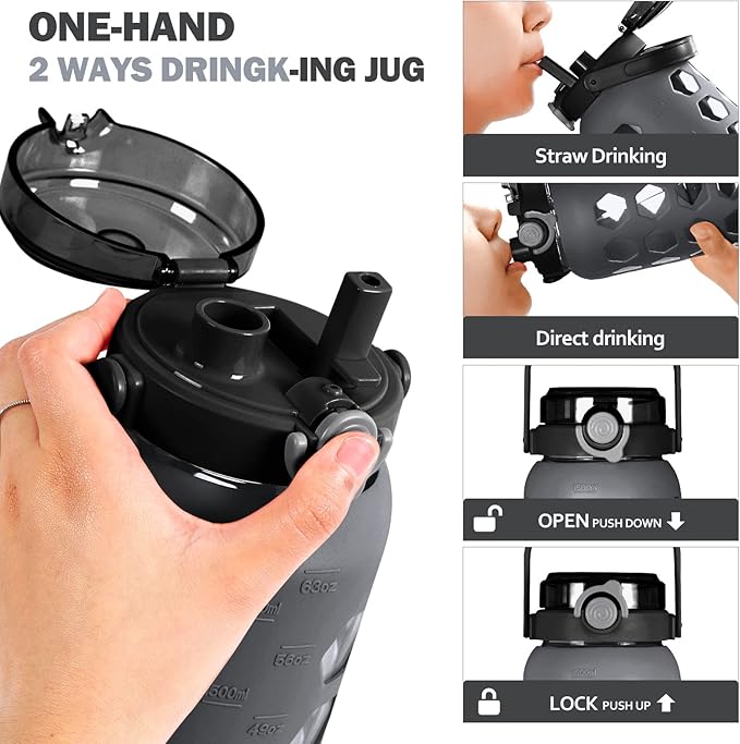 MUKOKO Half Gallon/64 oz Glass Water Bottles with Straw and Lid,Motivational Water Jug with Time Marker Reminder and Silicone Sleeve,100% Leakproof BPA Free Fitness Sports Large Bottle-Grey