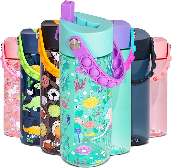 Elemental Leak Proof Water Bottles for Kids - Splash Kids Water Bottle for School with Fun Fidget Pop-it Handle - BPA Free Tritan Plastic Reusable Water Bottle with Straw - Mermaid - 18oz