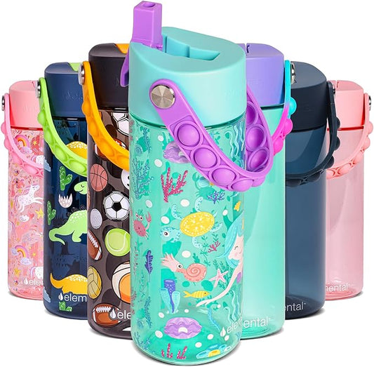 Elemental Leak Proof Water Bottles for Kids - Splash Kids Water Bottle for School with Fun Fidget Pop-it Handle - BPA Free Tritan Plastic Reusable Water Bottle with Straw - Mermaid - 18oz