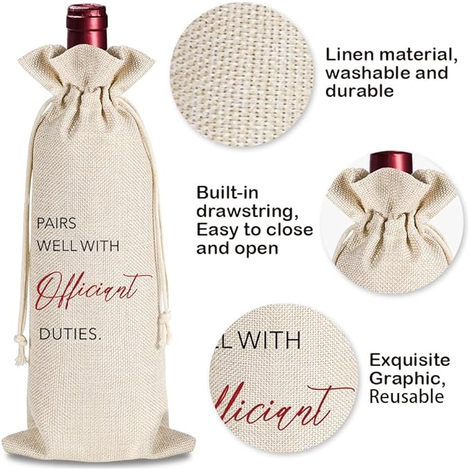 Wedding Gifts for Officiant, Wedding Officiant Wine Bag for Wedding Day, Best Officiant Ever, Pairs Well With Wedding Officiant, Drawstring Burlap Wine Bag, 1 Wine Bag With 1 Thankful Card (Red)