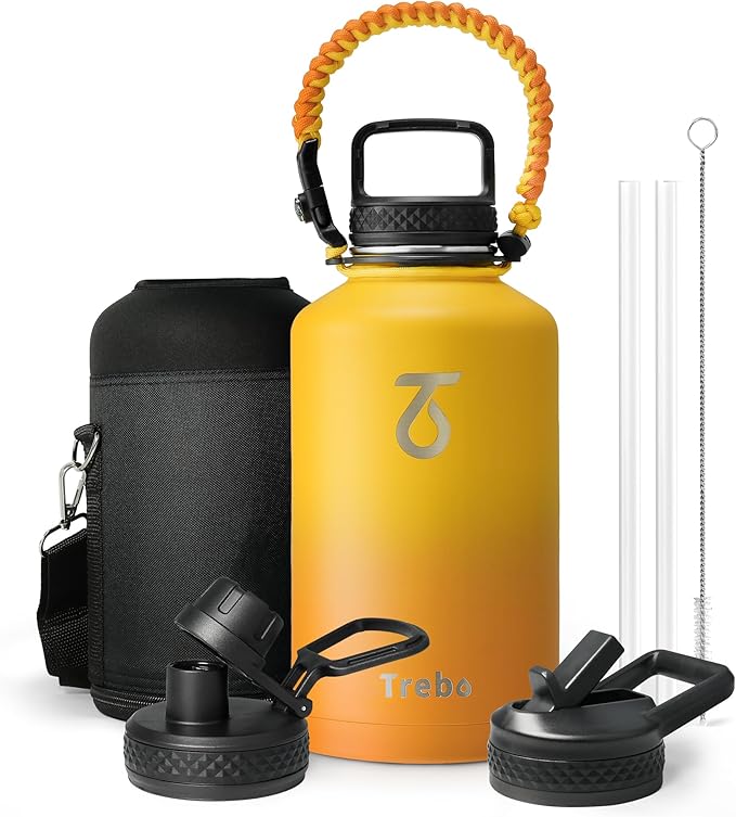 Trebo Half Gallon Water Bottle with Paracord Handle 64oz Wide Mouth Insulated Double Wall Stainless Steel Large Sports Flask Keep Hot 24 Hours & Cold 48 Hours Water Jug with 3 Lids, Orange