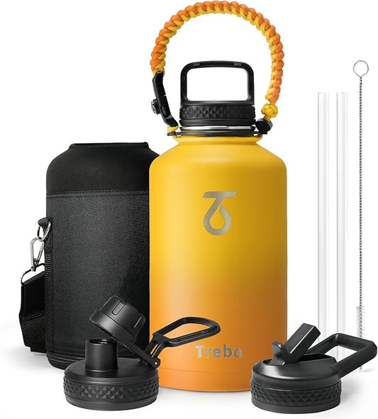 Trebo Half Gallon Water Bottle with Paracord Handle 64oz Wide Mouth Insulated Double Wall Stainless Steel Large Sports Flask Keep Hot 24 Hours & Cold 48 Hours Water Jug with 3 Lids, Orange