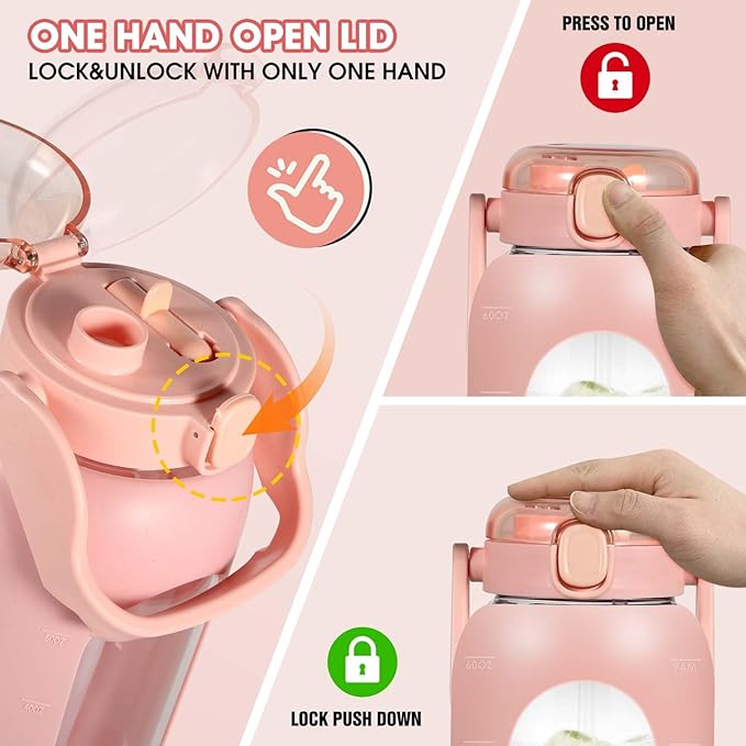 Glass Water Bottles 64 oz - Large Half Gallon Motivational Glass Water Bottle with Time Marker Straw Phone Holder Handle, 64oz Daily Water Intake Jug with Silicone Sleeve for Office Work Gym Pink