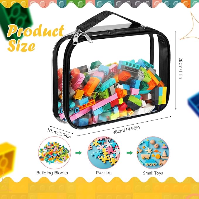 Sanwuta 3 Packs Toy Storage Bags with Zipper, Clear PVC Organizing Bags, Waterproof Toy Bags for Board Games, Building Blocks, Toys and Kids Books (Black,14.96 x 11 x 3.94 Inch)