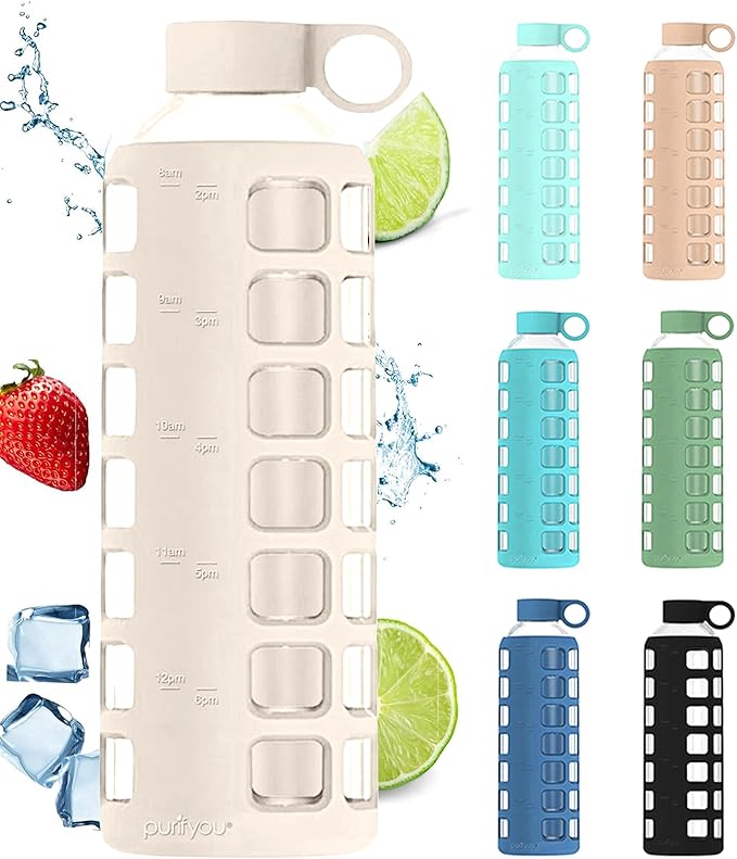 purifyou Premium Glass Water Bottles, 40/32 / 22/12 oz Reusable Drinking Bottle with Time & Volume Markings Silicone Sleeve & Stainless Steel Lid for Water, Coffee, & Fruit Juice (40oz Pearled Ivory)