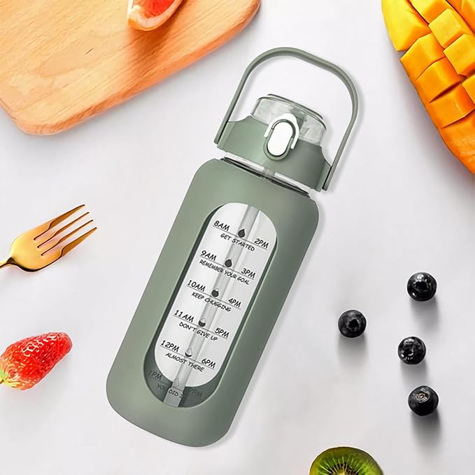 64oz Glass Water Bottle with Straw - Half Gallon Large Motivational Water Bottle with Silicone Sleeve Time Marker, Ideal for Gym, Sports, Workouts, Daily