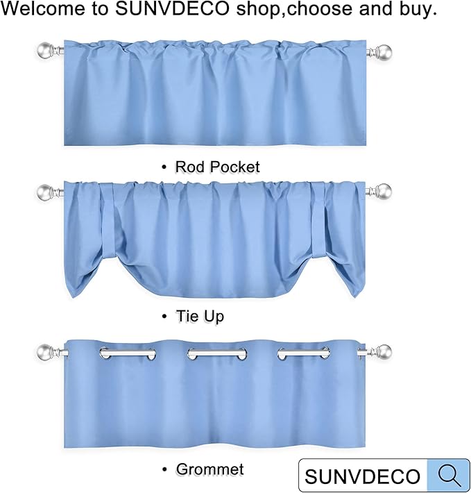 Sky Blue Valances for Windows 52X18 Inches Blackout Thermal Insulated Valance with Grommet Top for Kitchen Living Room Short Straight Drape Valance for Bedroom Kids Room 1 Panel