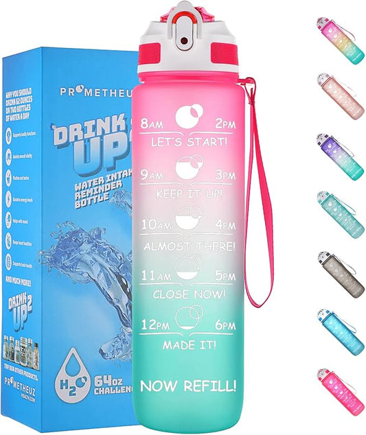 Prometheuz 32oz Water Bottle with Straw, Motivational Water Bottle with Time Marker, Water Bottles Leakproof & BPA-Free for Sports, Work and Fitness Pink Mint