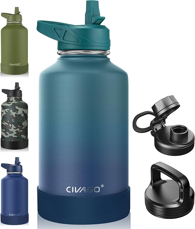 CIVAGO 64 oz Insulated Water Bottle With Straw, Half Gallon Stainless Steel Sports Water Flask Jug with 3 Lids (Straw, Spout and Handle Lid), Large Metal Thermal Cup Mug, Dark Night