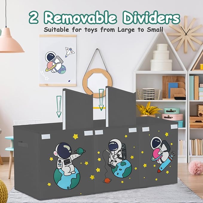 Large Toy Box Storage Organizer,Sturdy Toys Storage Chest Bin Basket with Dividers and Lids for Toddlers,Boys,Girls,Nursery,Closet,Living Room Area,Playroom(Grey Astronaut)