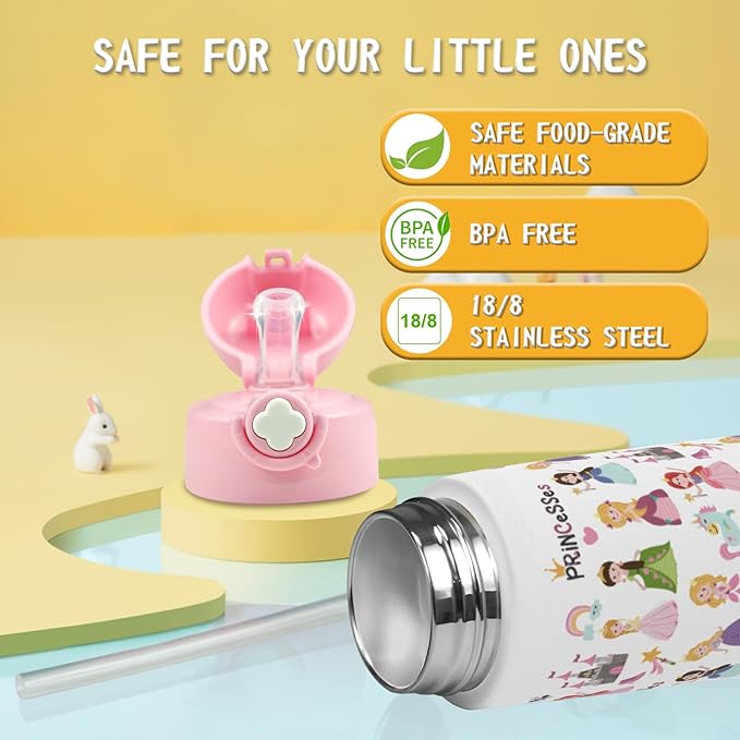 Kids Insulated Water Bottle with Covered Pop-Up Straw,16oz Kids Cups with Stainless Steel Leak Proof for School Boys Girls（2-Princess）