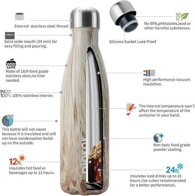 BJPKPK 17 oz Stainless Steel Insulated Water Bottle Cola Shape Big Water Bottles For Travel,Wood-Yellow Gray