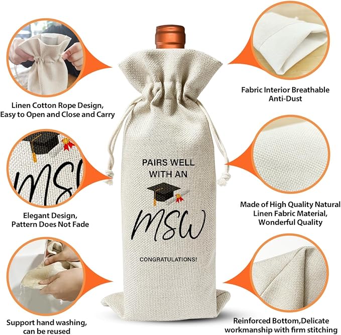 MSW Gift Wine Bag, Pairs Well With An MSW, College Graduation Party Decor, Master'S Degree Graduation Gift Wine Bag For Her Grad Best Friend, Drawstring Reusable Burlap Wine Bag