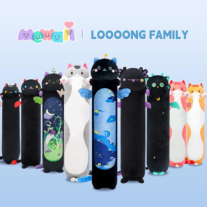 Long Cat Plush Kawaii Body Pillow, 53” Cute Black Cat Stuffed Animals Soft Plushies, Blue Star Kitten Big Plush Toys Throw Pillow Doll Gift for Girlfriend