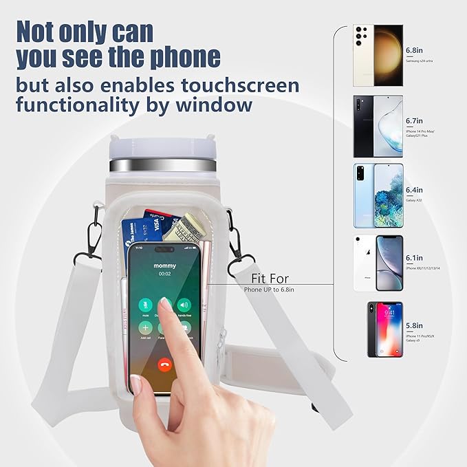 Water Bottle Carrier Bag for Stanley Cup Accessories, for Stanley Tumbler 40 Oz with Handle Holder Bag with Strap Neoprene Bollus with Straw, Straw Cover, Carabiner (Off White)