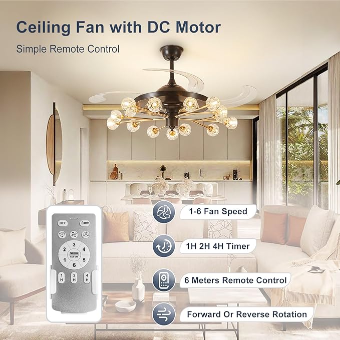 Black and Gold Chandelier Fan: Crystal Sputnik Ceiling Fan with Light and Remote - 42" Modern Fandelier with 15 Lights - Retractable Ceiling Fan for Living Dining Room Kitchen