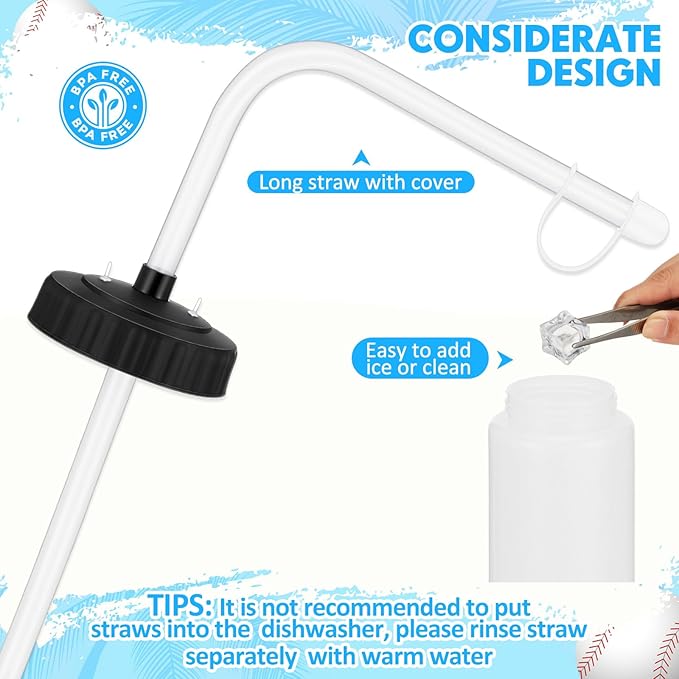 Domensi 4 Pack 1 Liter Sports Water Bottle W/Long Straw Hockey Lacrosse Water Bottle with Straw BPA Free Easy Squeeze Plastic Use W/Sport Helmet in Football Baseball Gym Yoga(Translucent)