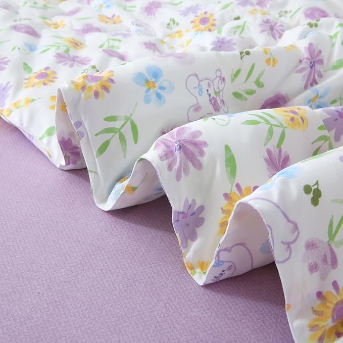 Wajade Floral Comforter Set Bed in A Bag Full Size 7 Piece Purple Flower Green Leaves Rabbits Bedding Set for Girls (1 Comforter, 1 Flat Sheet, 1 Fitted Sheet, 2 Pillowcase and 2 Pillow Sham)