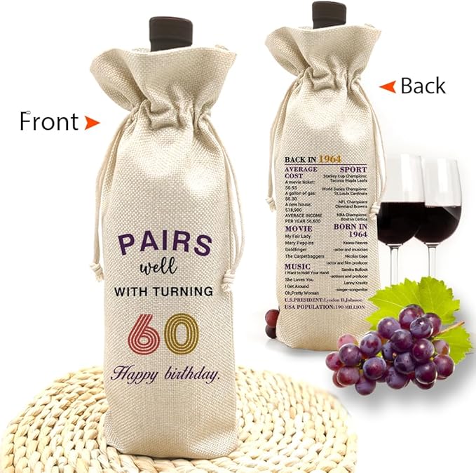 60th Birthday Gift for Women Men,60th Birthday Wine Bag,1964 Birthday Wine Bag,60 Years Old Birthday Party Decor Gift (60 BIRTHDAY)