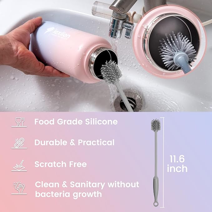 Water Bottle 32oz, Triple Walled Insulated Stainless Steel Reusable Bottle, Silicone Sleeve, Cleaning Brush, 2 Lids (Spout lid & Straw lid w/2 straw), Metal Mug Gallon, BPA Free, Pinky